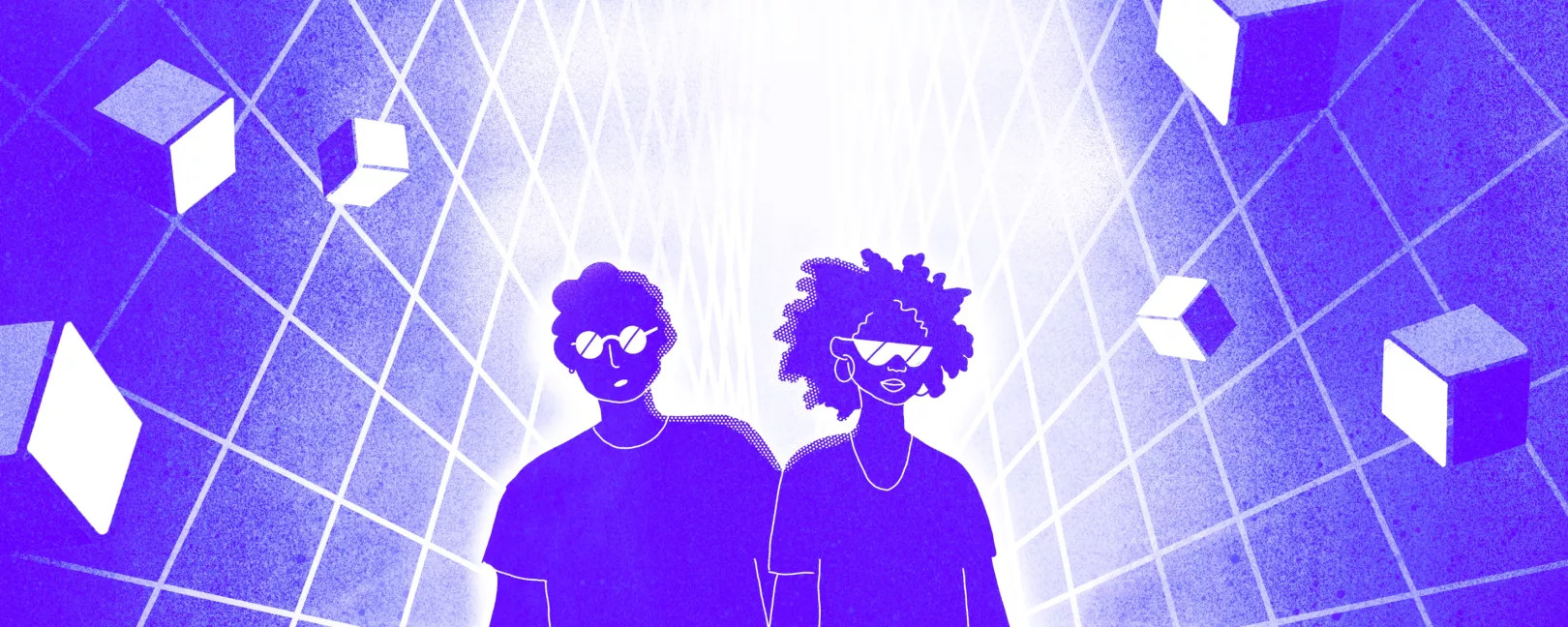 zwei Menschen in lila vor einem lila Hintergrund bestehend aus Quadraten