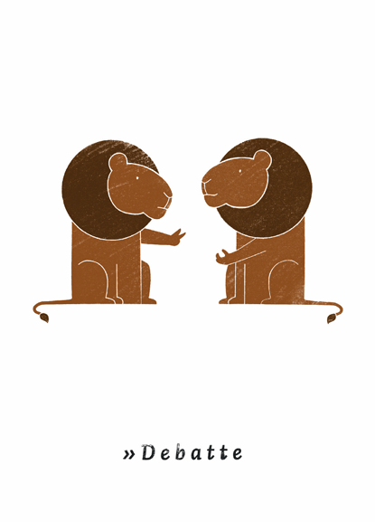 zwei Löwen, die miteinander reden, darunter das Wort 