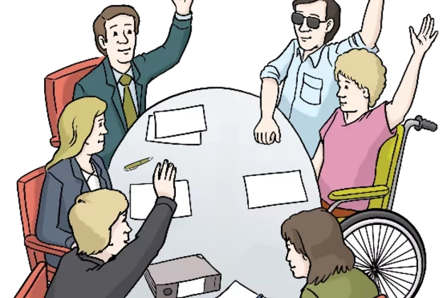 verschiedene Menschen am Tisch, die sich melden