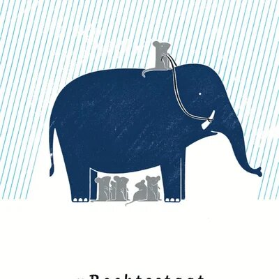 ein elefant auf dem eine maus sitzt mit anderen mäusen unter dem elefanten und dem wort "rechtsstaat"