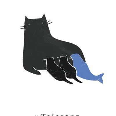 eine katze und zwei katzenbabies und eine robbe und das wort "toleranz"